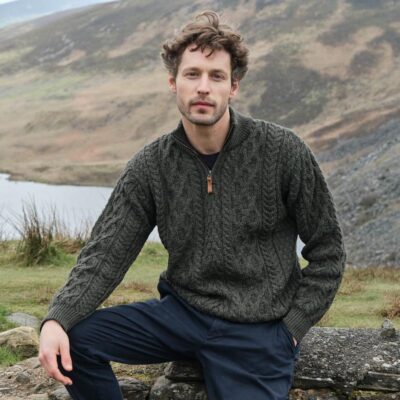 Pull d'Aran à demi-fermeture éclair pour hommes | 100 % laine mérinos | Tricot irlandais traditionnel | Vert armée